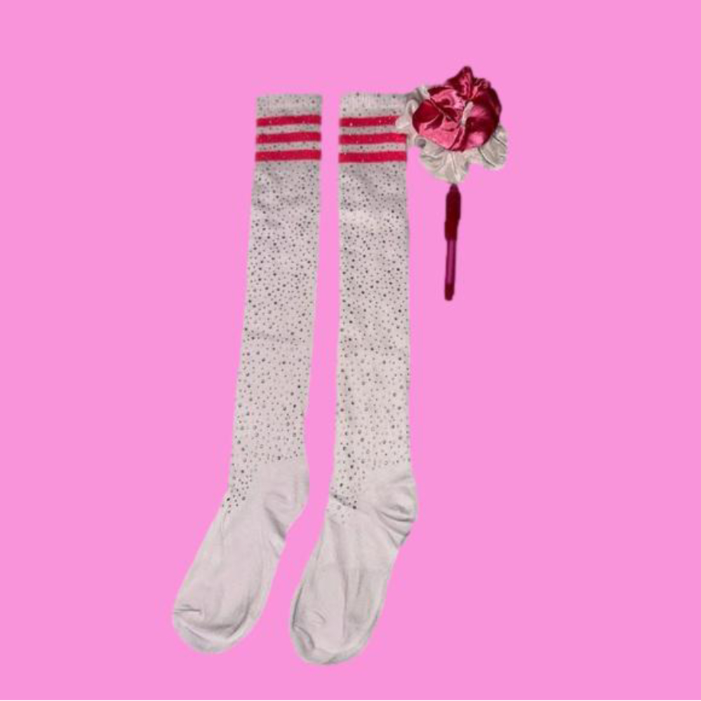 Thigh high pink striped socks w/ rhinestones + hidden zip pocket scrunchi NWOT